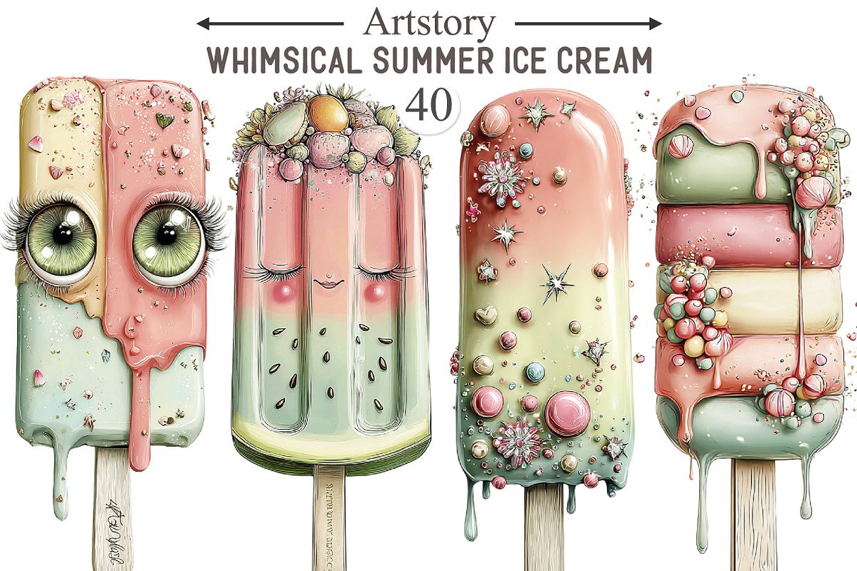 Whimsical Summer Ice Cream Clipart, an Illustration by designcity5 (Photo 1 of 5)