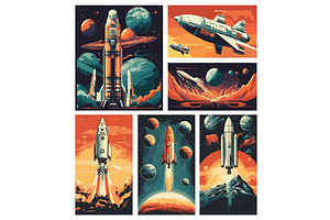 Cartoon space posters. Astronaut on, an Illustration by Stock-Smart-Start