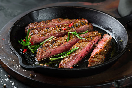 Juicy grilled steak slices resting i, a Photo by Tanuart