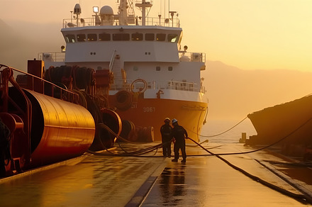 Cargo ship and tugboats in the port at sunset time. Generative A, an Industrial Photo by AS photostudio