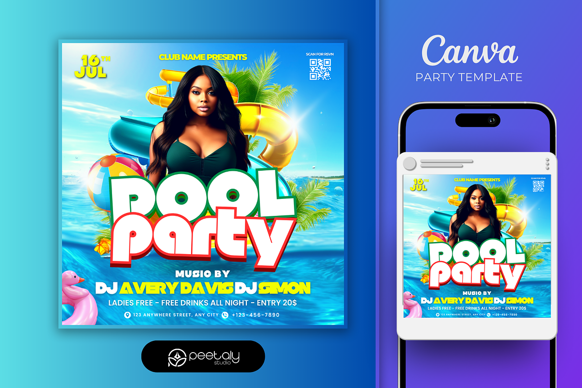 Pool Party Flyer Canva Template, a Flyer Template by PeetalyStudioDesigns (Photo 1 of 5)