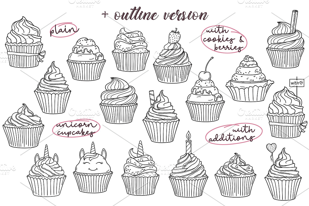 Cupcakes hand drawn vector set, a Graphic by InkySplash (Photo 3 of 7)