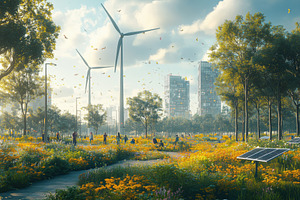 A vibrant urban park with blooming flowers, wind turbines, and solar panels. Pe, a Technology Photo by Textures & Backgrounds