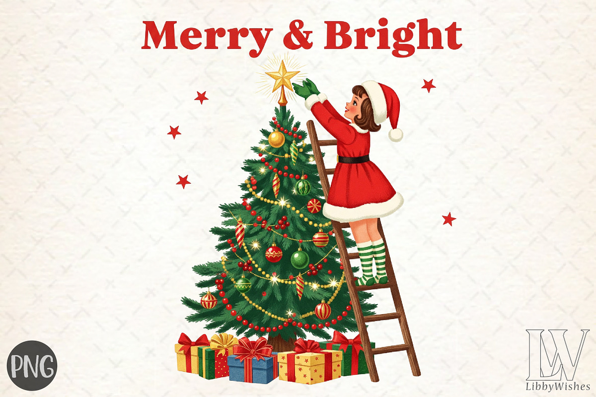 Vintage Christmas PNG, Merry & Brigh, an Illustration by Libby Wishes (Photo 1 of 6)
