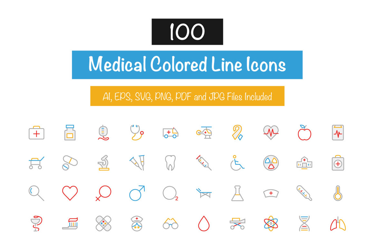 100 Medical Colored Line Icons, an Outline Icon by Creative Stall (Photo 1 of 2)