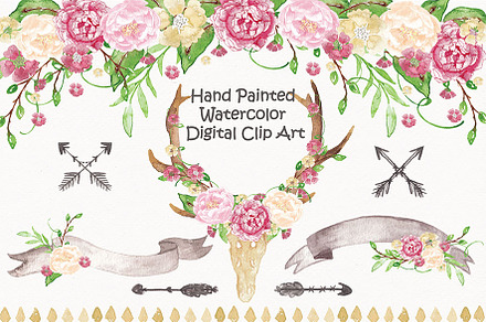 Antler Floral watercolor cliparts