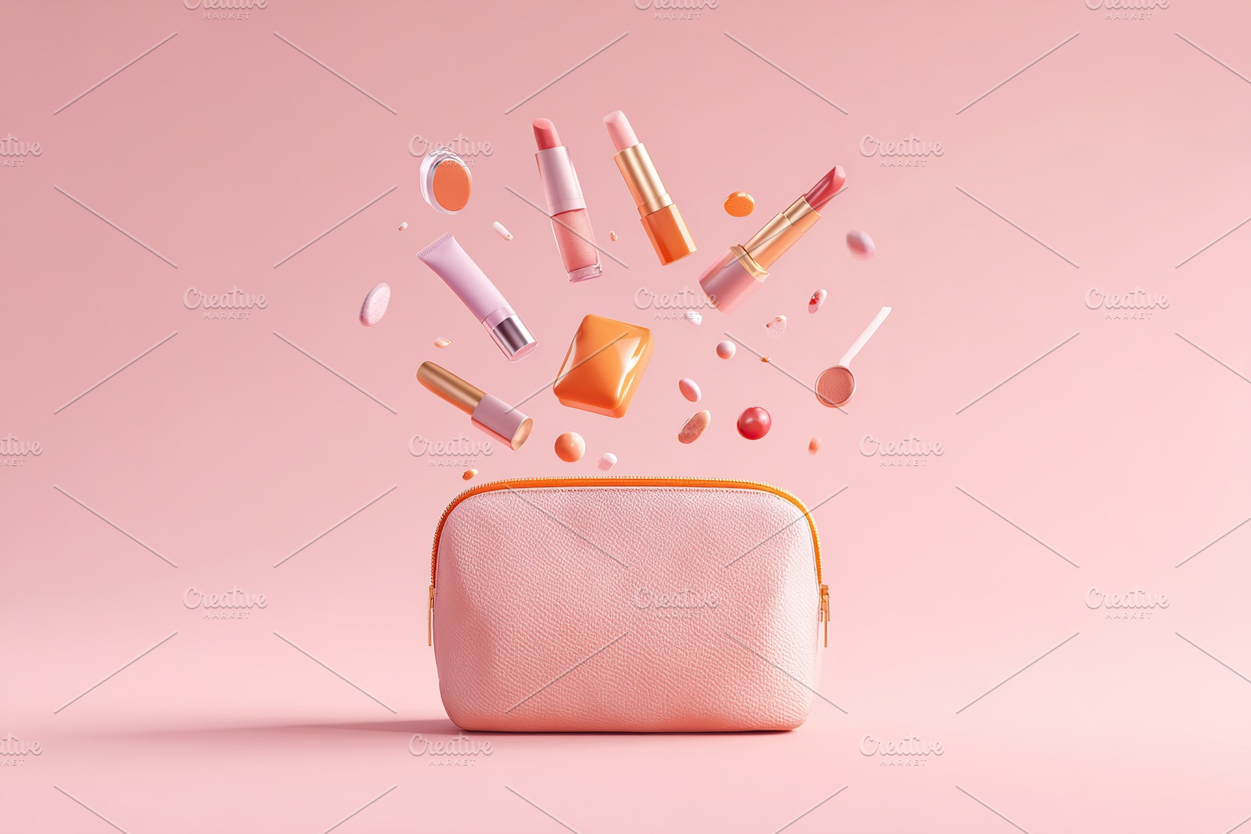 Cosmetics and beauty products dramatically flying from a stylish pink bag again, a Beauty & Fashion Photo by AlyaAnd