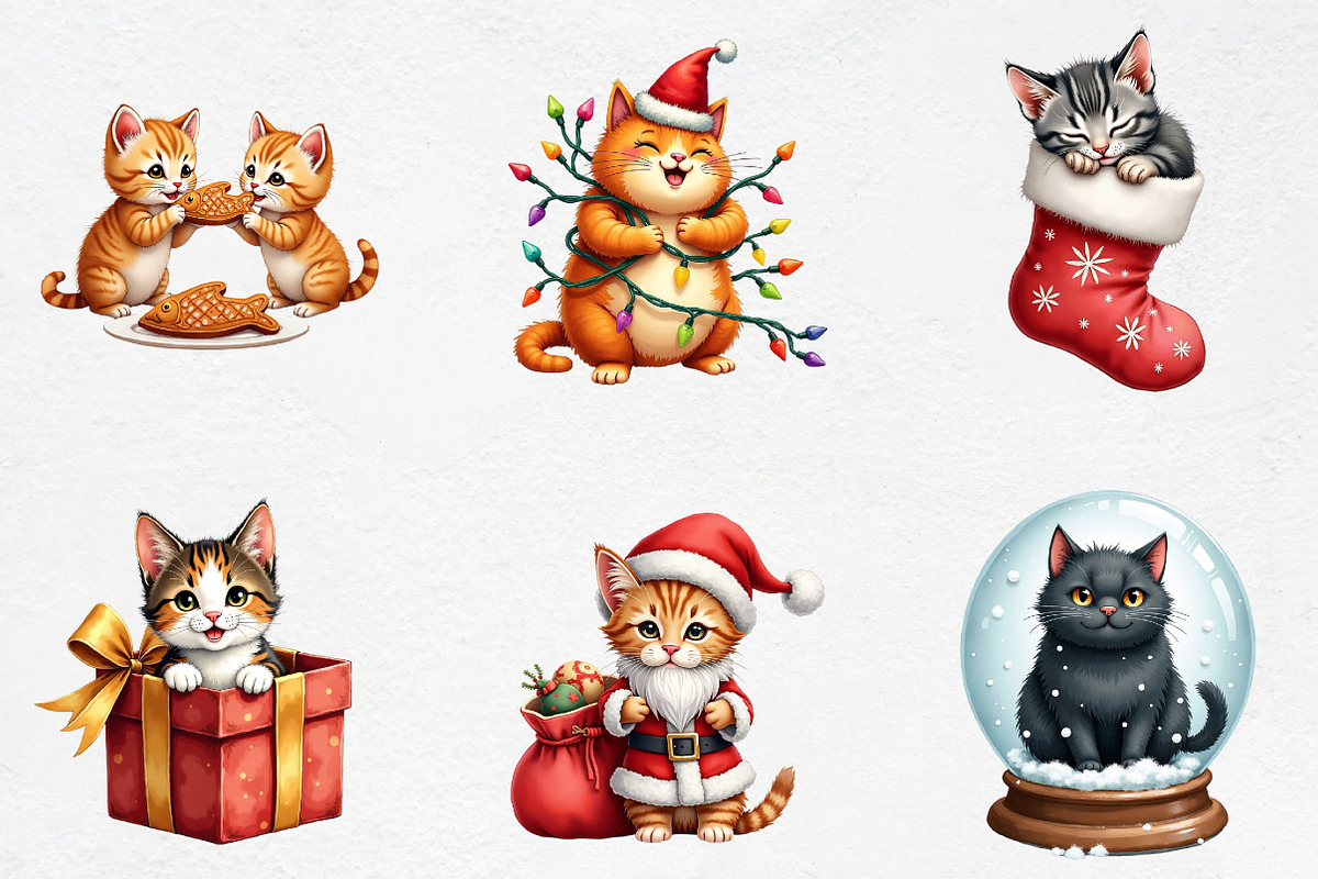 Christmas Funny Cats Watercolor Clip, an Illustration by CrexoraLab (Photo 3 of 5)