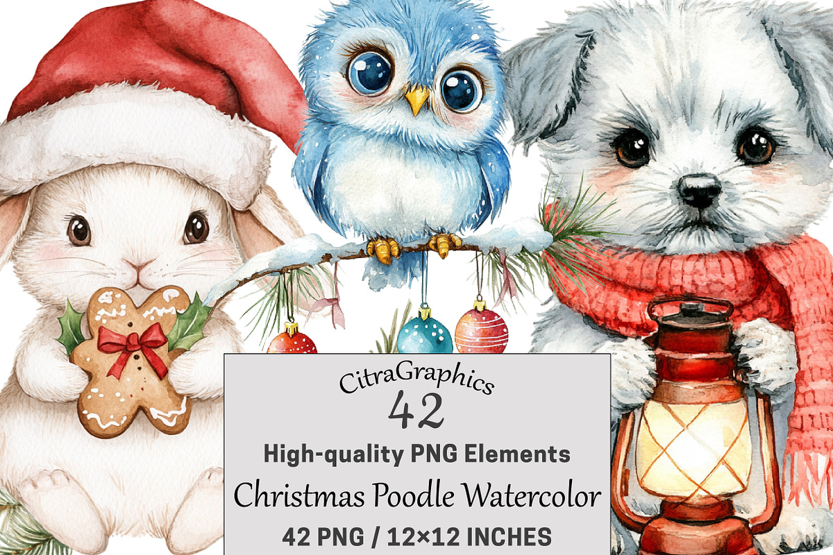 Christmas Poodle Watercolor Clipart, a Seasonal Illustration by CitraGraphics (Photo 1 of 5)