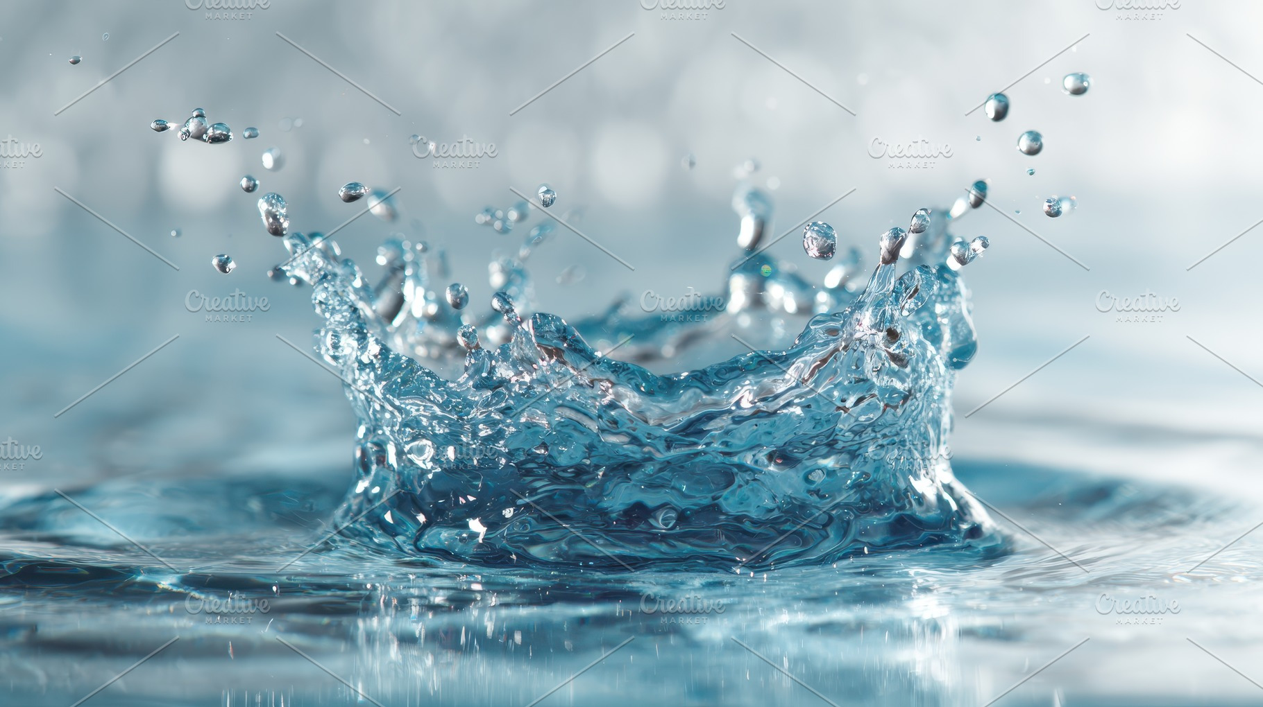 Water droplet splash crown blue liqu, a Photo by Pixeness Studio