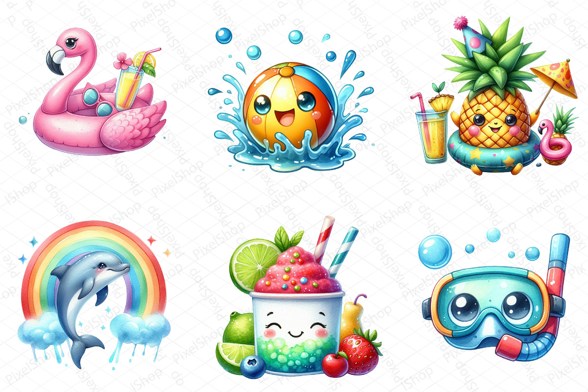Cute Pool Party Watercolor Clipart, an Illustration by DreamPrint404 (Photo 6 of 6)