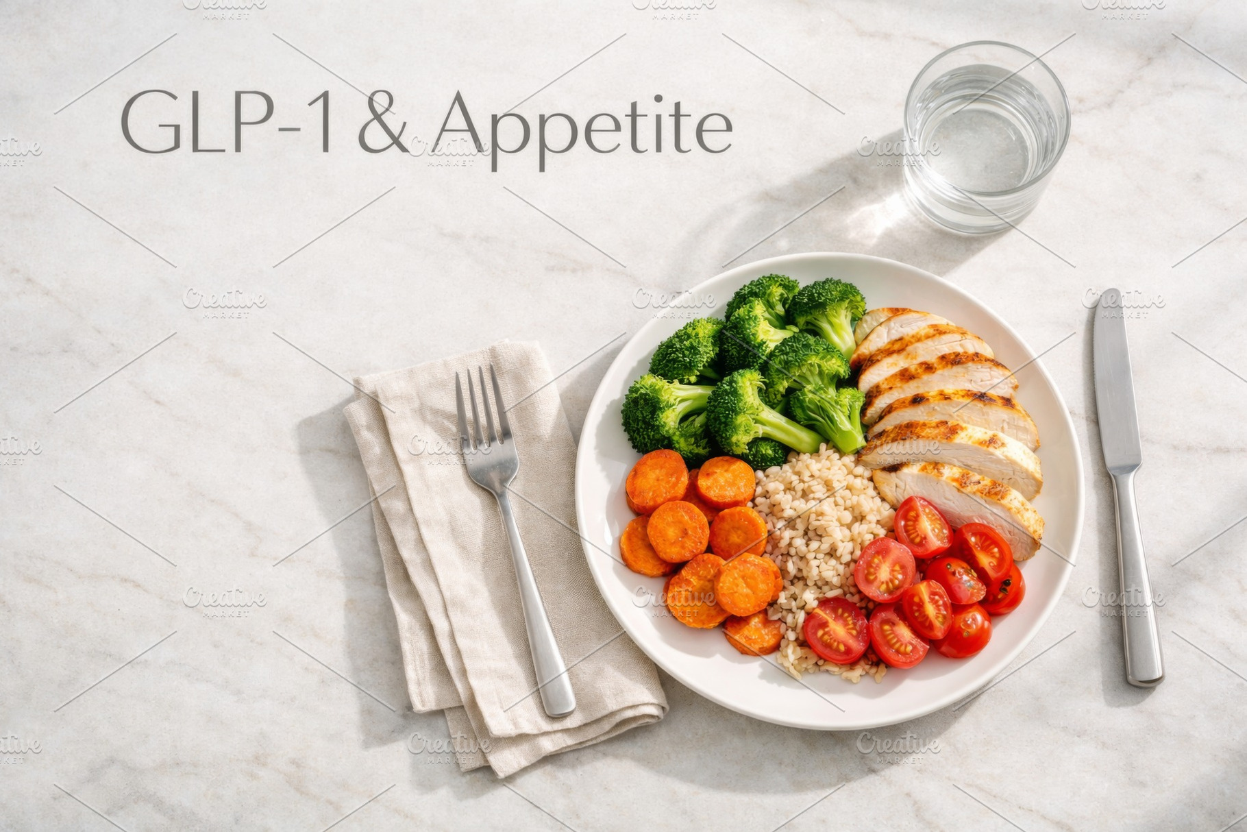 Plate with grilled chicken, vegetables, and quinoa on marble sur, a Photo by Dvoevnore photos