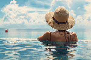Back view of young woman relaxing in infinity pool, a Person Photo by AlyaAnd