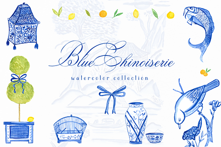 Blue Chinoiserie Watercolor Clipart