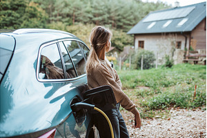 Woman charging electric car, leaning, a Transportation Photo by HalfPoint