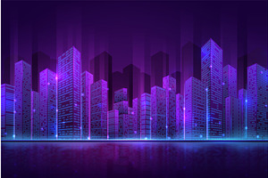 Futuristic City Building. High Neon