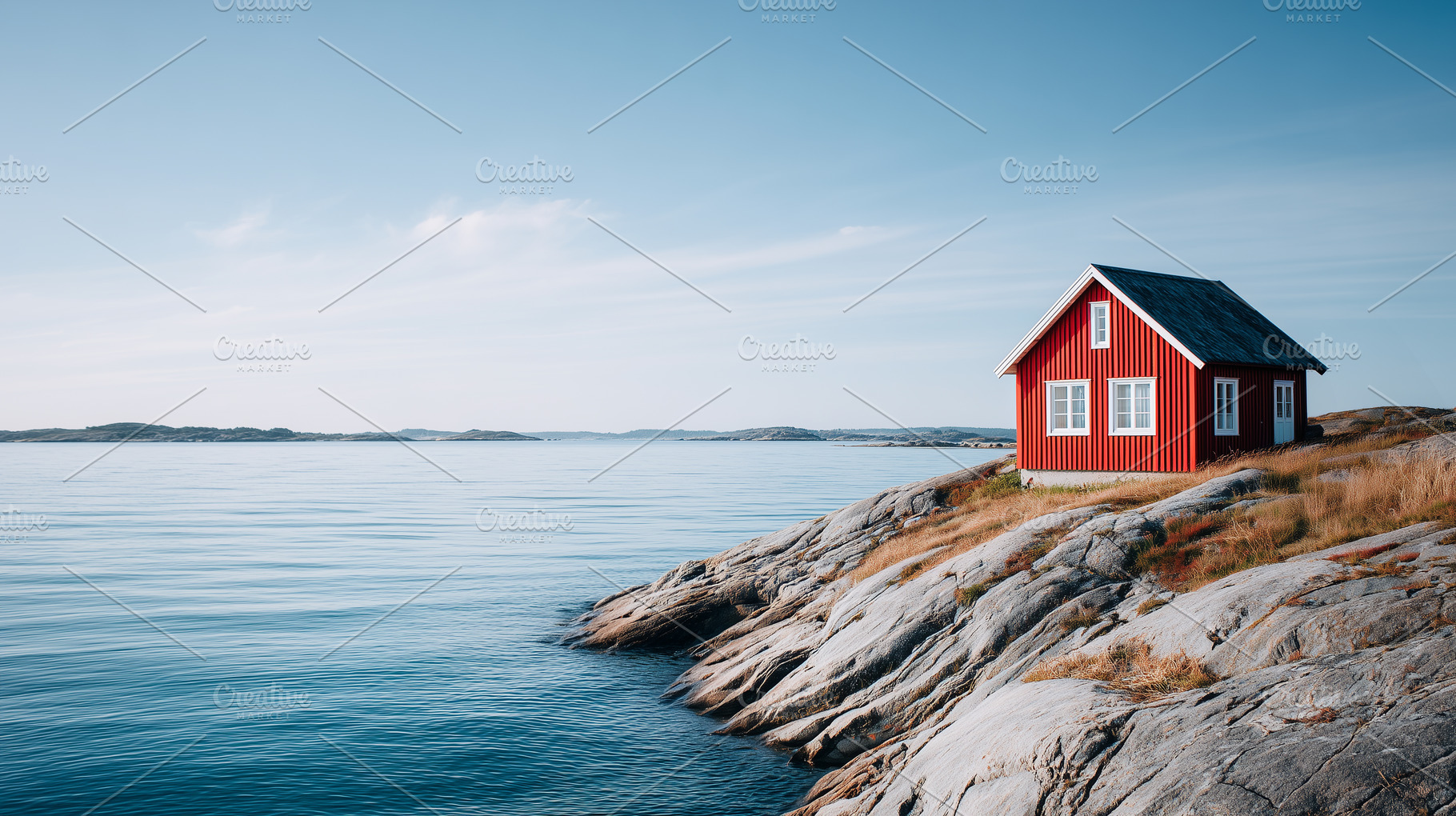 Charming red house on a rocky coast, an Architecture Photo by MistyDay