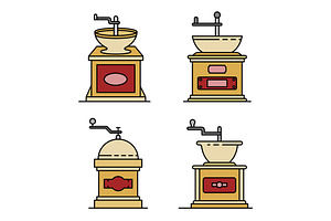 Coffee Grinder Icons Set Line Color