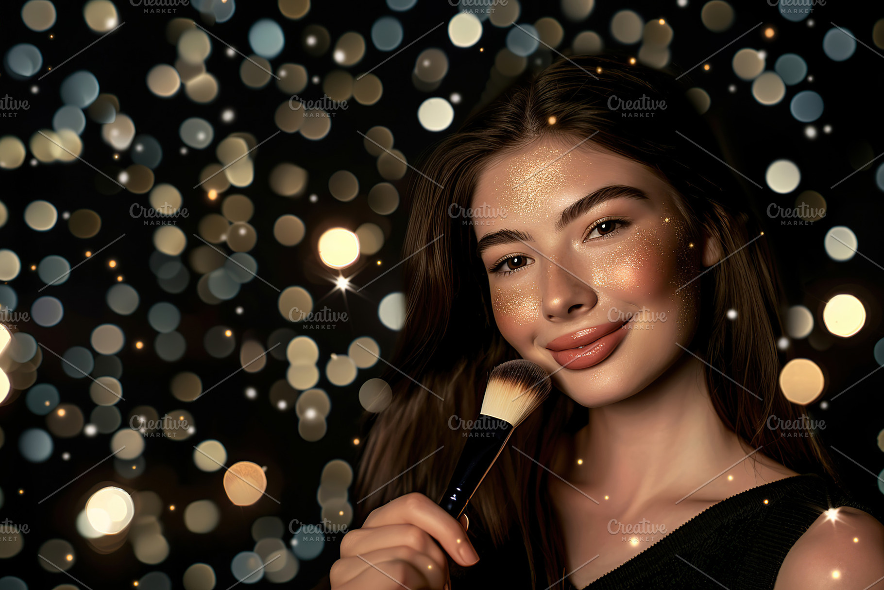 Beautiful young woman with makeup brush on blurred lights backgr, a Person Photo by AlyaAnd