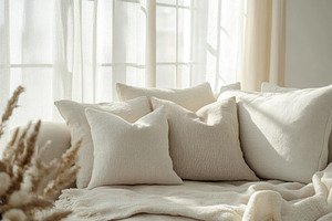 A serene display of soft beige pillows on a cozy sofa, illuminated by gentle su, a Background Photo by ImageMir
