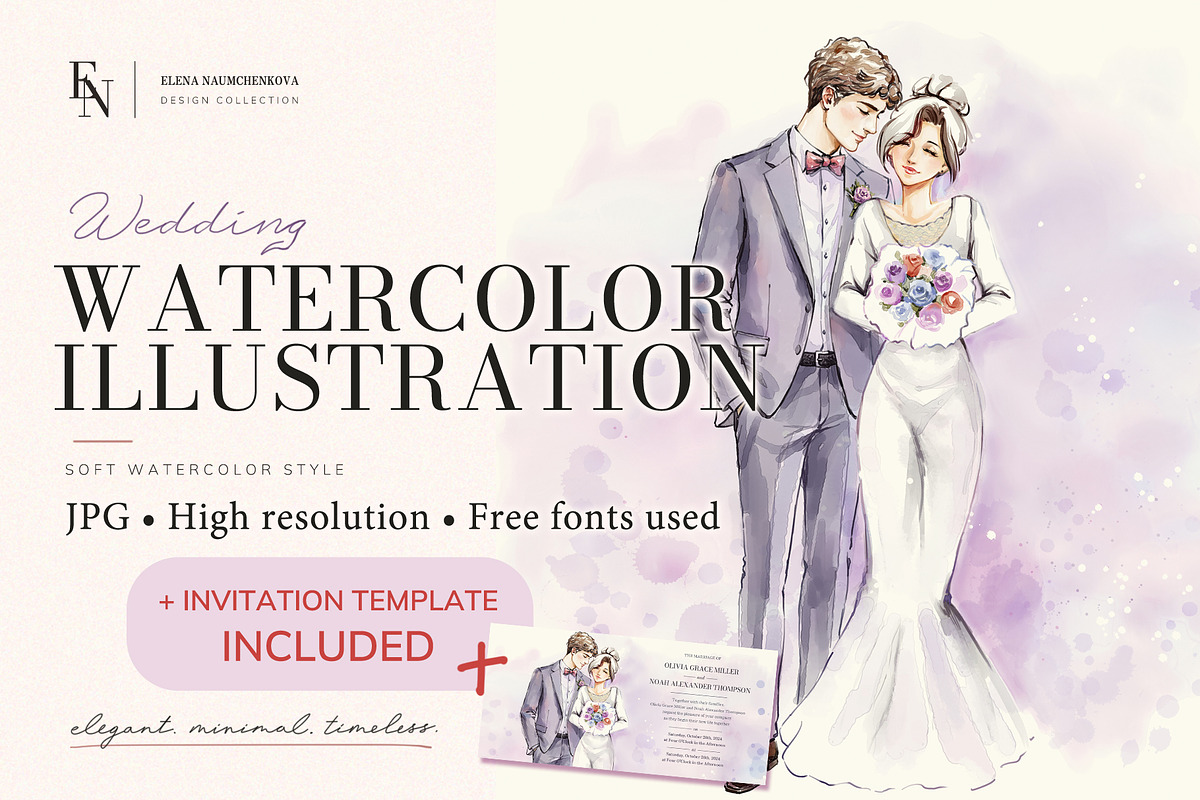 Watercolor Wedding Invite Set, a Marketing Template by Elena Naumchenkova (Photo 1 of 4)