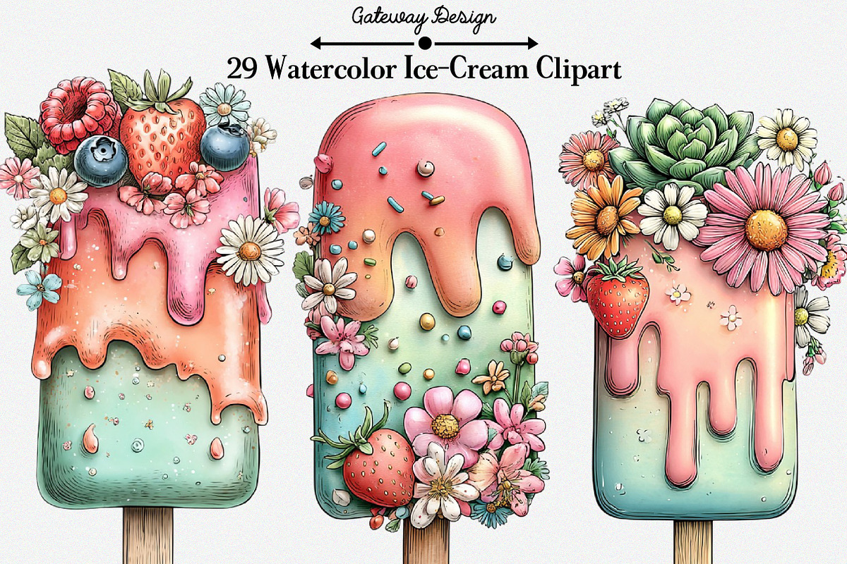 Watercolor Ice-Cream Clipart, an Illustration by GatewayDesign (Photo 1 of 6)