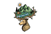 mountain view and deer in nature, an Animal Illustration by gunaonedesign (Thumbnail 1 of 4)