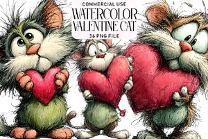 Watercolor Valentine Cat Clipart Bun, an Illustration by Daily.Designs