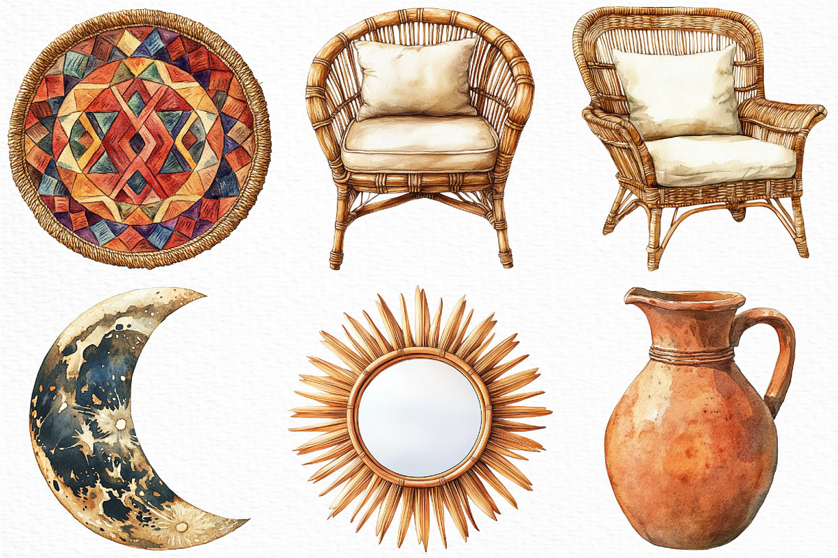 Watercolor Boho Interior Clipart, an Illustration by Craft Nest (Photo 3 of 6)