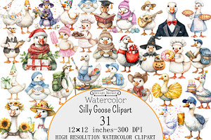 Watercolor Silly Goose Clipart, a Seasonal Illustration by Design Market