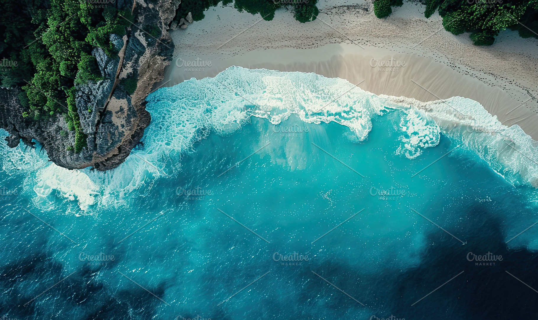 Drone view of a secluded beach with, a Photo by LOGOCREATIVE