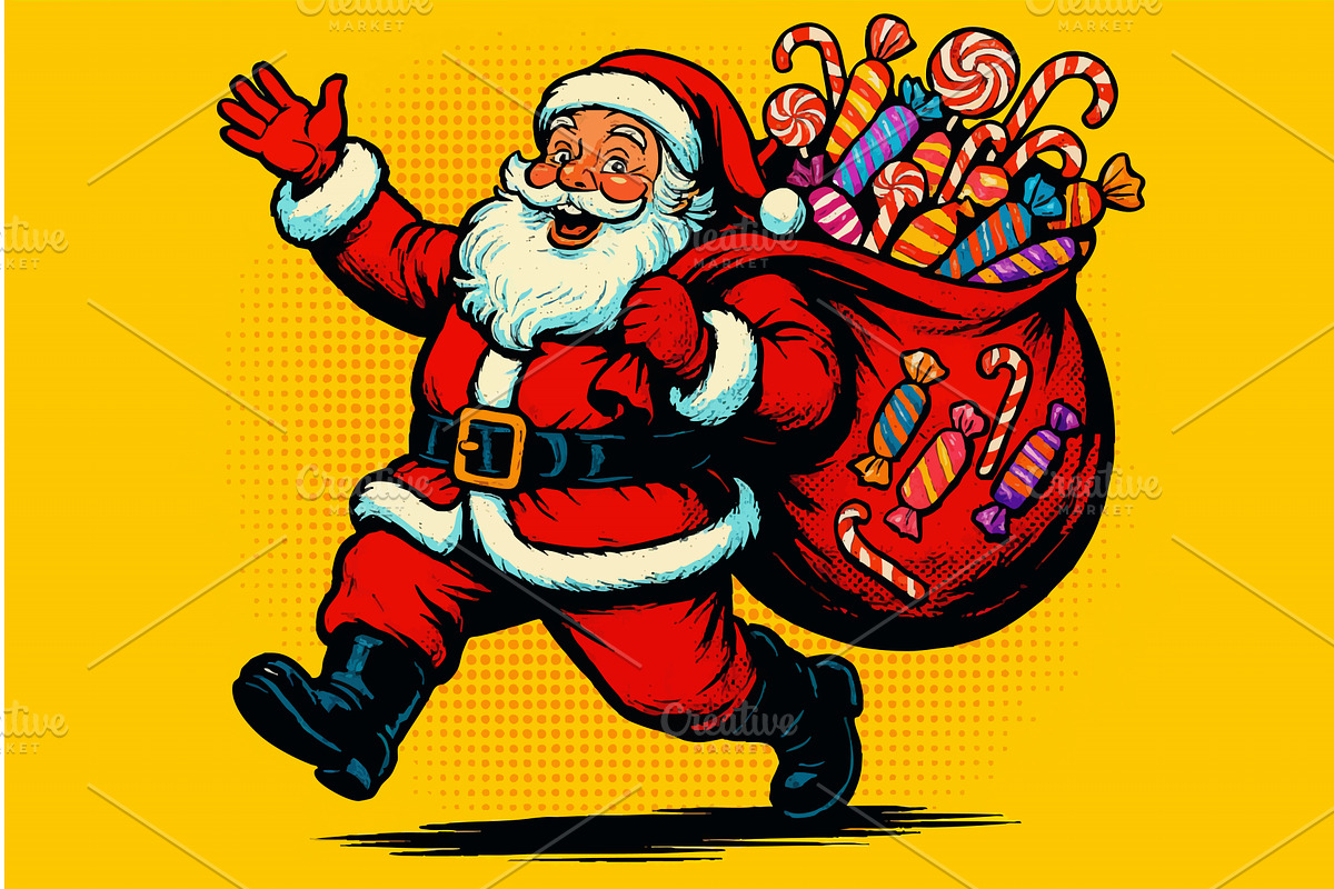 Santa Claus running with a big sack, an Illustration by AlexArt