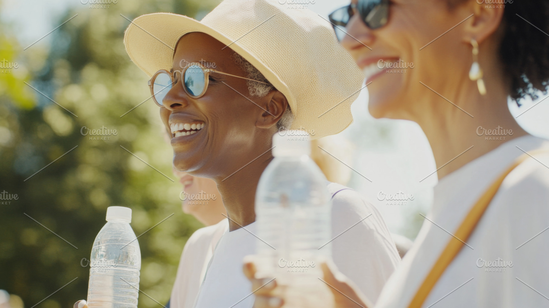 Three women enjoying walk in park wi, a Photo by Dvoevnore photos