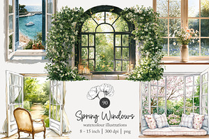 90 watercolor spring window clip art, a Seasonal Illustration by Poppy Lane Studio