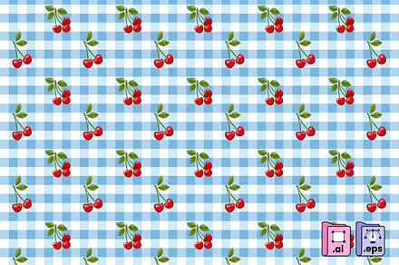 Blue Gingham Cherries Pattern