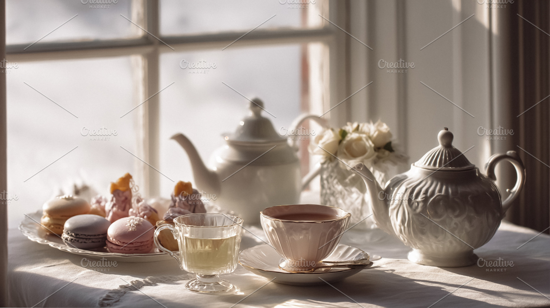 Afternoon tea party serving macarons, pastries, and hot beverage, a Photo by Studio ANNA