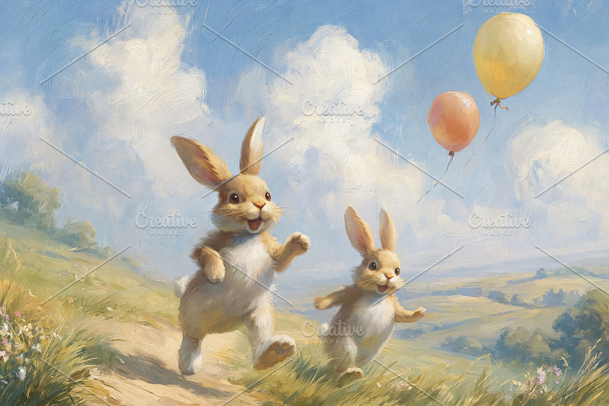 Happy rabbits running through a green meadow, celebrating freedo, a Decorative Illustration by Studio ANNA