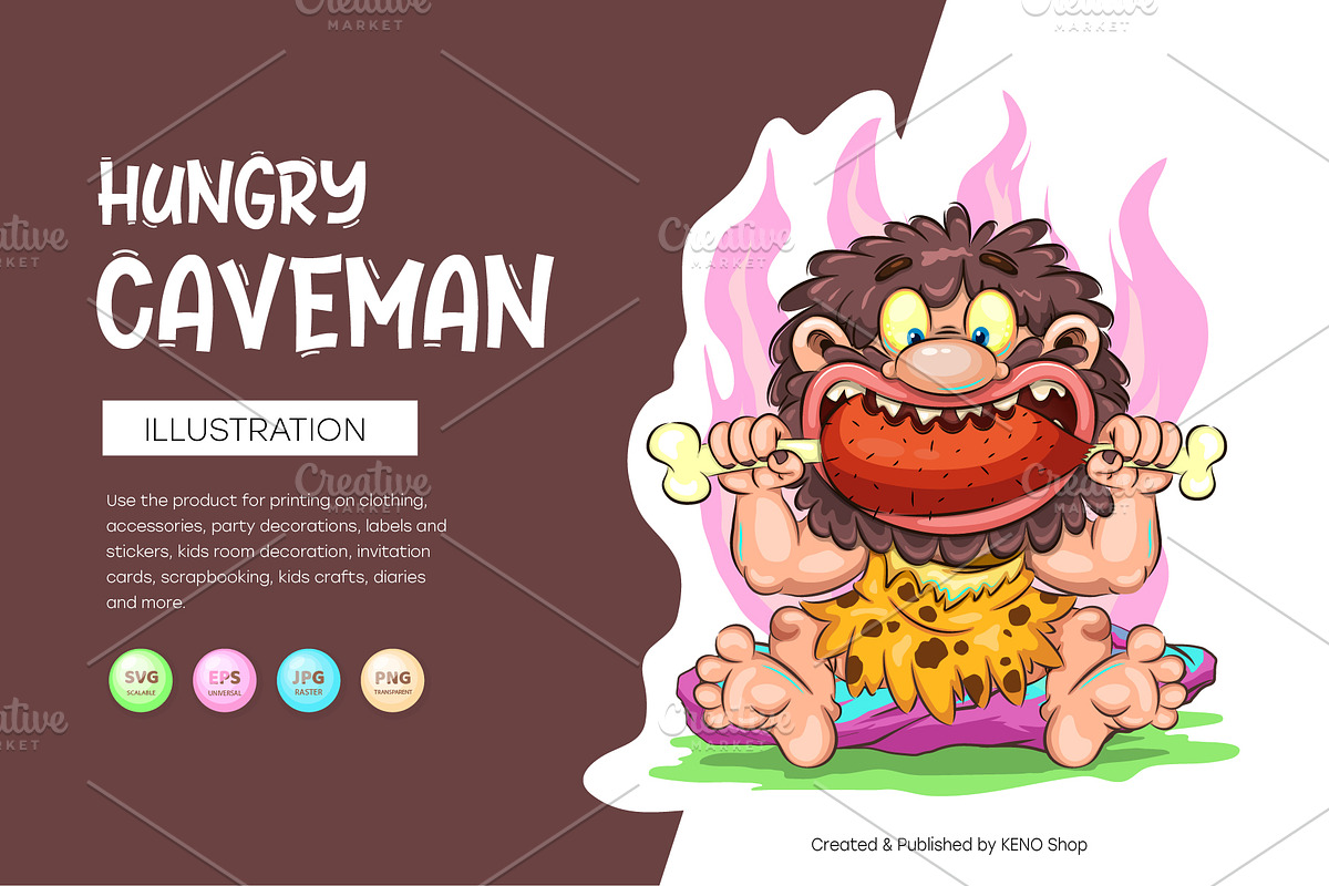 Cartoon Hungry Сaveman. Tshirt, PNG., a Person Illustration by KENO Mascots (Photo 1 of 7)