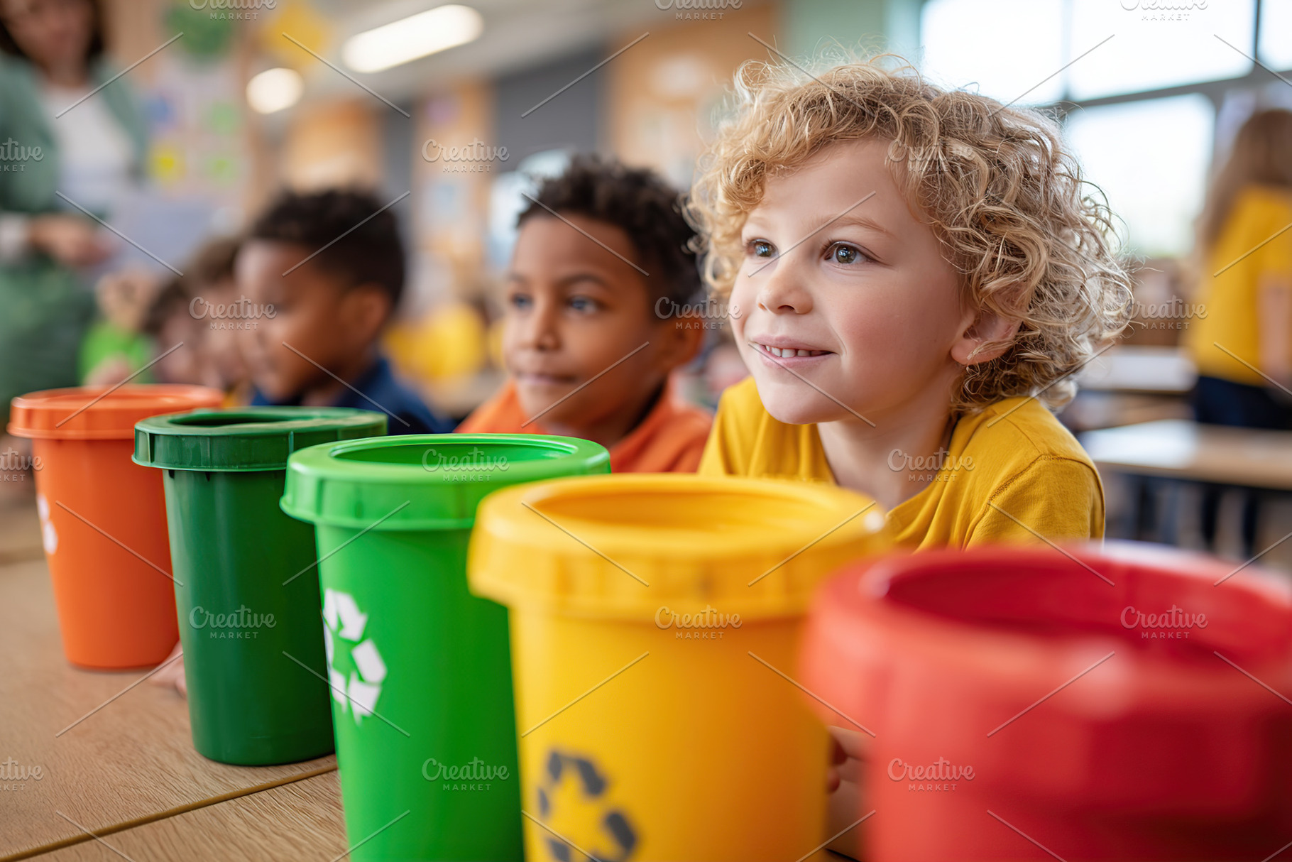 Children engage in recycling education activity at school during a classroom se, a Photo by AlyaAnd