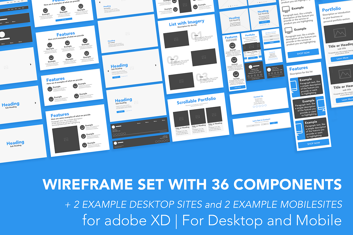 AdobeXD Wireframes: Desktop & Mobile, a Wireframe Template by vanderdysDesign (Photo 1 of 3)