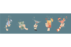 Retro cocktail glasses with hands, a Food Illustration by art PVP - market