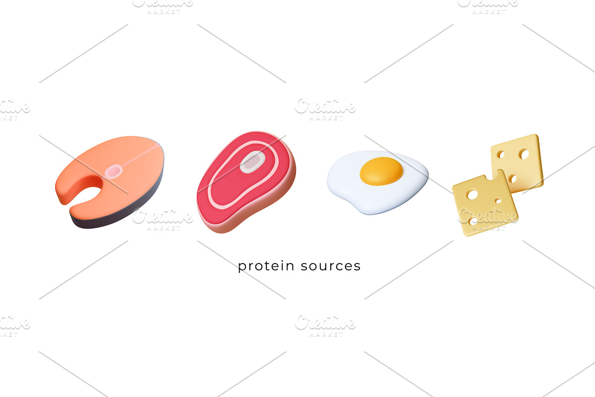 Protein sources 3d icons. Meat fish, a Food Illustration by Valerie Bodnar