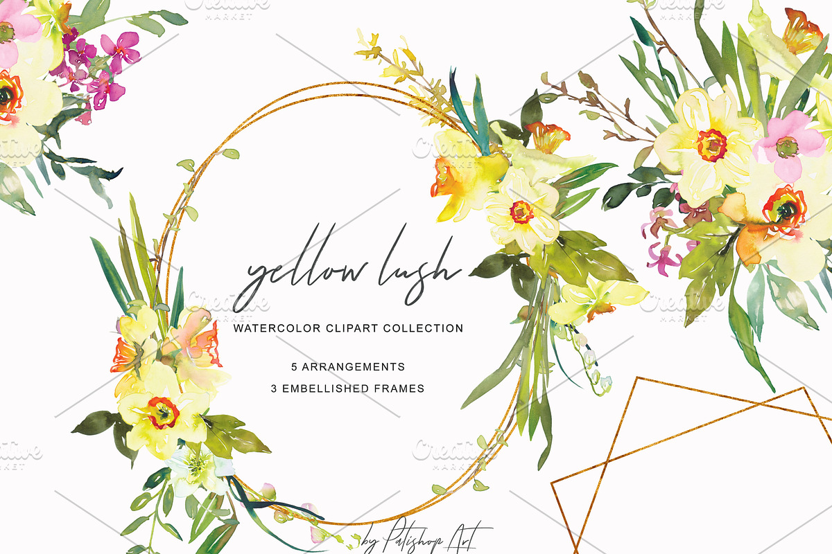 Watercolor Daffodil Bouquet & Frames, an Illustration by Patishop Art (Photo 3 of 7)