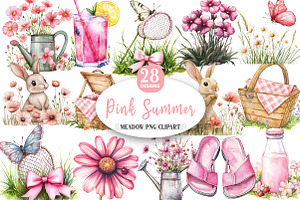 Pink Summer Meadow Clipart, an Illustration by Watercolor design
