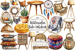 Watercolor Boho Interior Clipart, an Illustration by OK Design