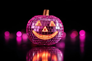 Shiny pink disco pumpkin with a smiling face reflecting on a dark surface with, a Photo by AlyaAnd