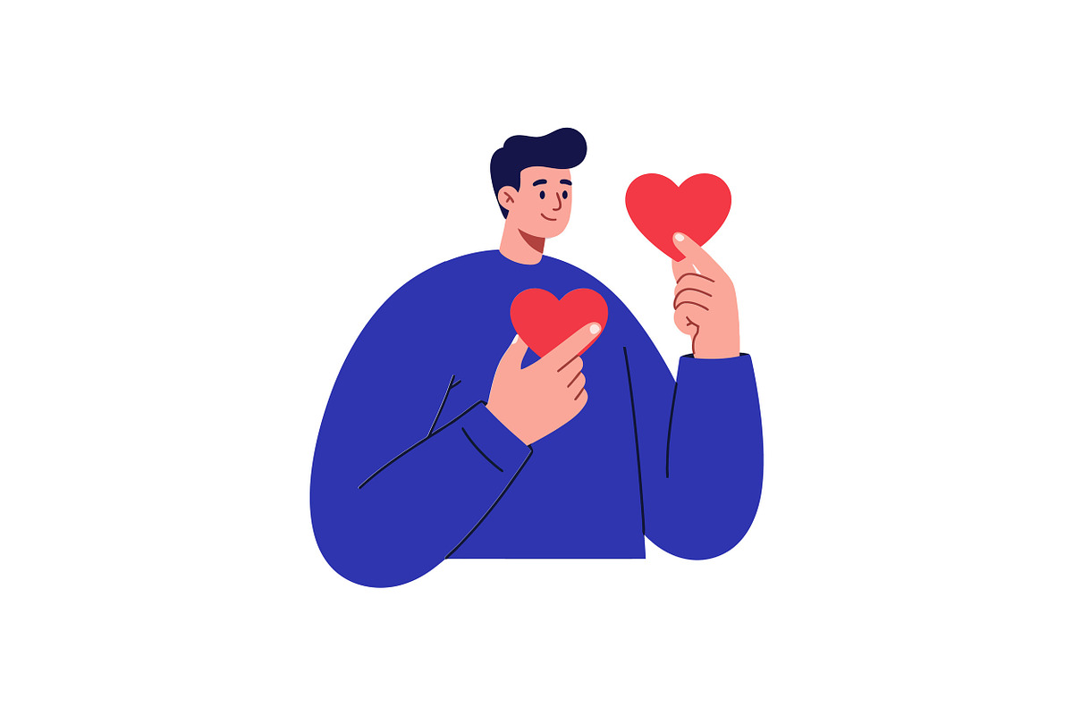 Man holding two red hearts in a chee, an Illustration by designvectx