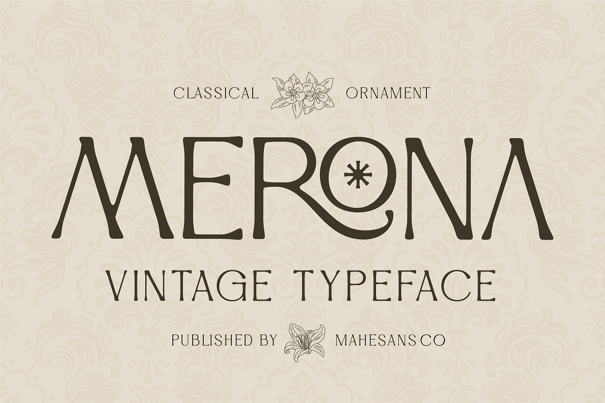 Merona – Vintage Display Typeface, a Serif Font by Mahesans Co (Photo 1 of 10)
