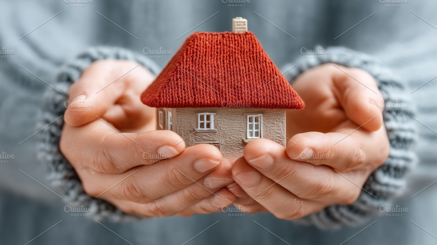 Hands holding miniature house with red roof, symbolizing security and comfort, a Photo by AS photostudio