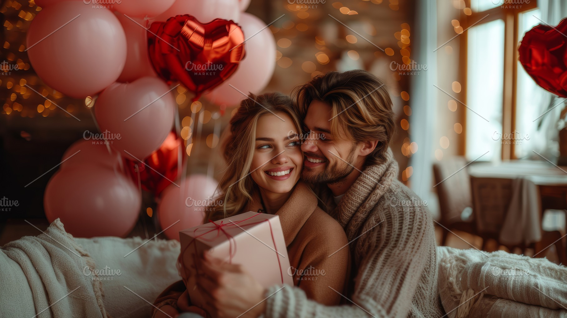 Romantic Young Couple Celebrating Love with Gifts and Heart-Shaped Balloons at, a Photo by AS photostudio